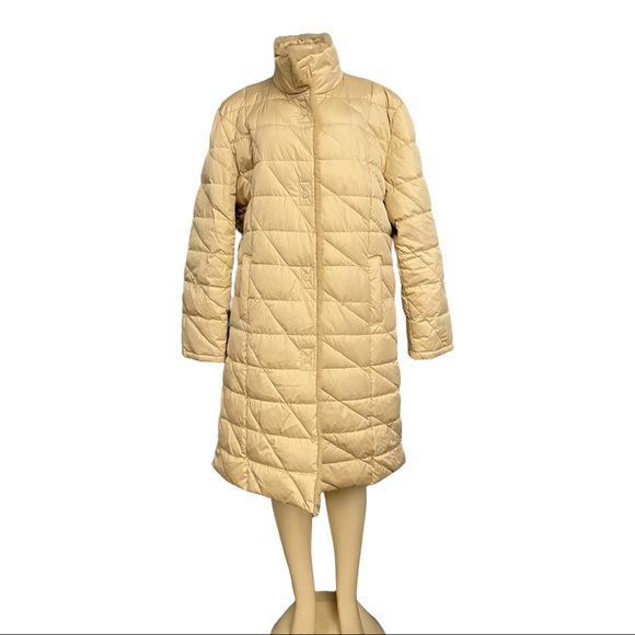 Utex Design Beige Tan Down Puffer Packable Jacket Fur Trim Long Trench Coat XL - Picture 2 of 10